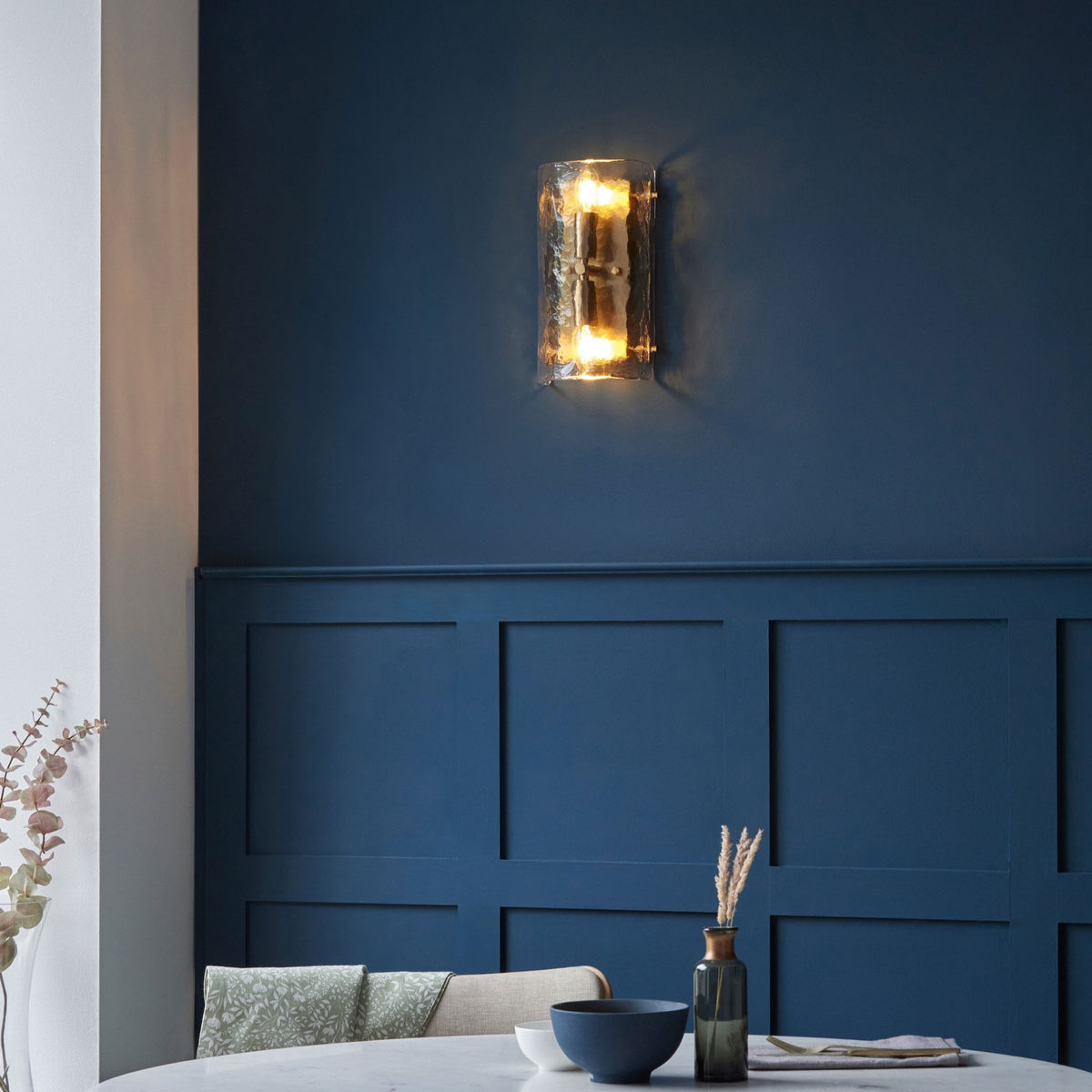 Keller Wall Light in Brushed Aged Brass with Handmade Clear Textured Curved Glass Panel