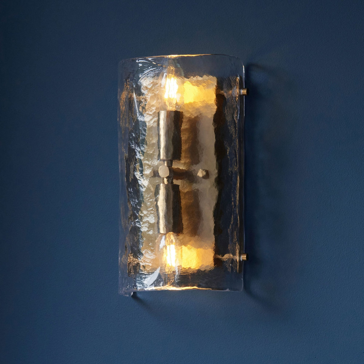 Keller Wall Light in Brushed Aged Brass with Handmade Clear Textured Curved Glass Panel