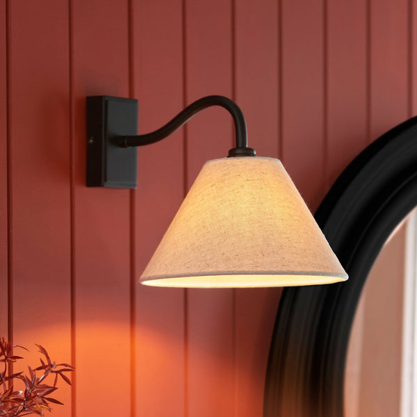 Knole Wall Light in Matt Black with Natural Faux Linen Fabric Shade