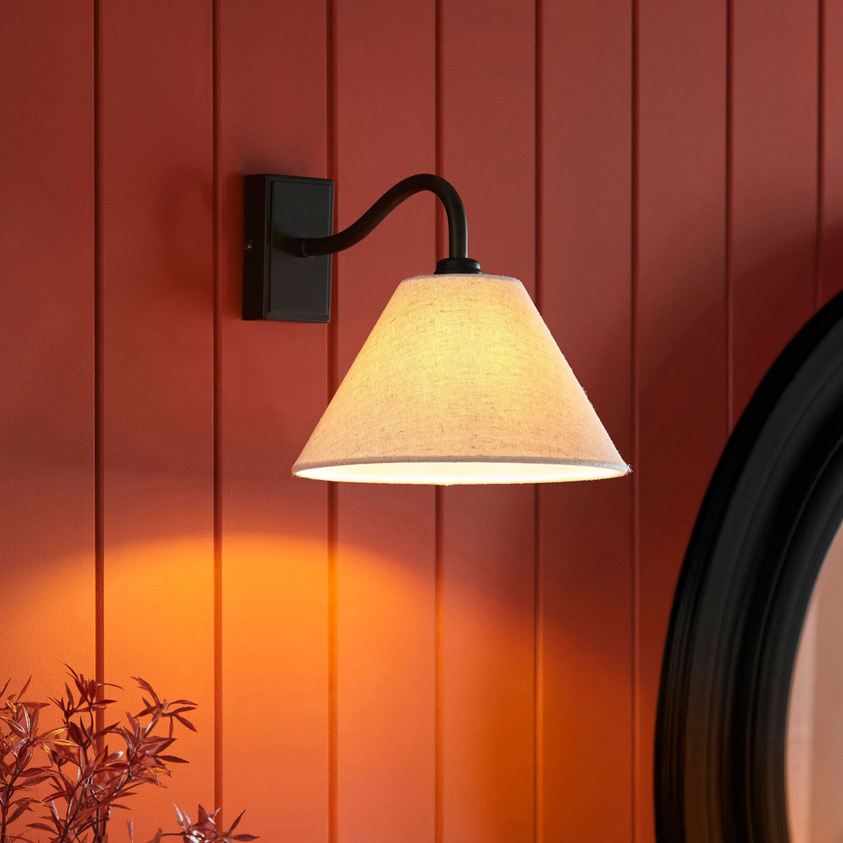 Knole Wall Light in Matt Black with Natural Faux Linen Fabric Shade