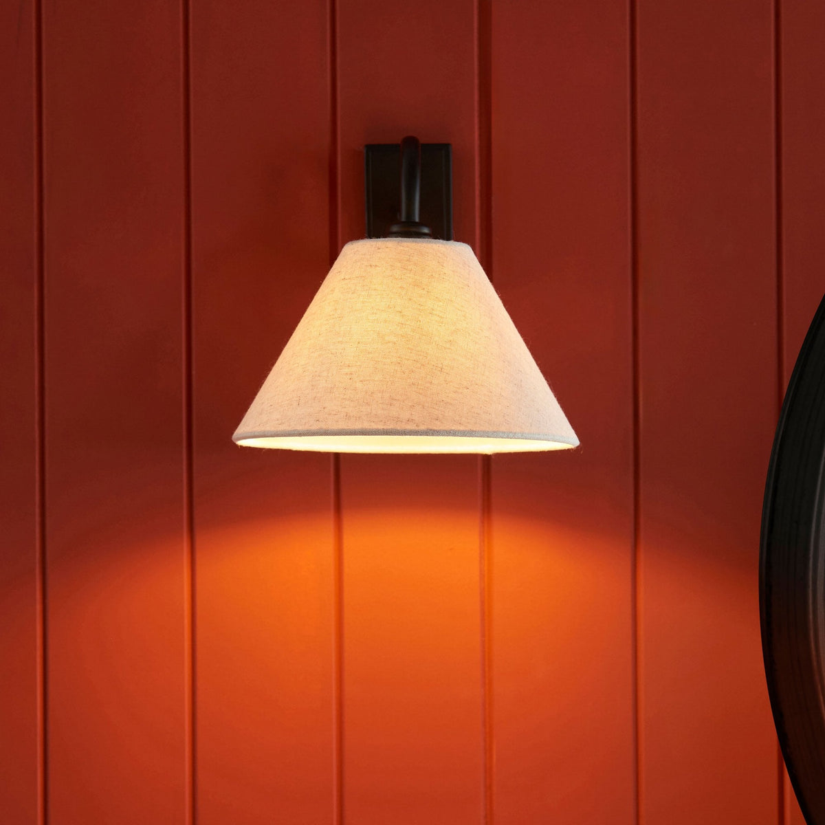 Knole Wall Light in Matt Black with Natural Faux Linen Fabric Shade
