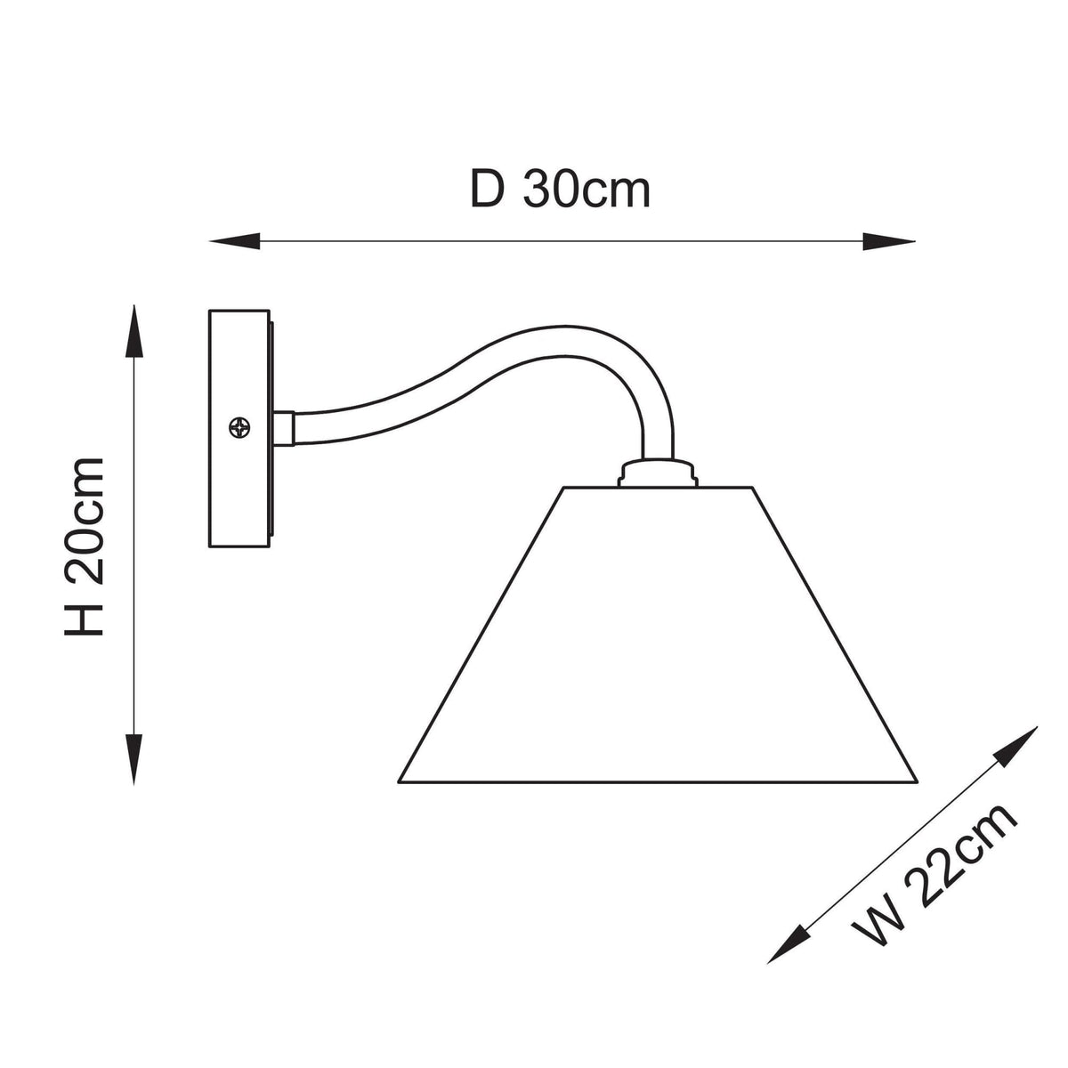 Dibujo lineal de un aplique de pared con medidas: 20cm (alto), 30cm (profundo), 22cm (ancho de pantalla).