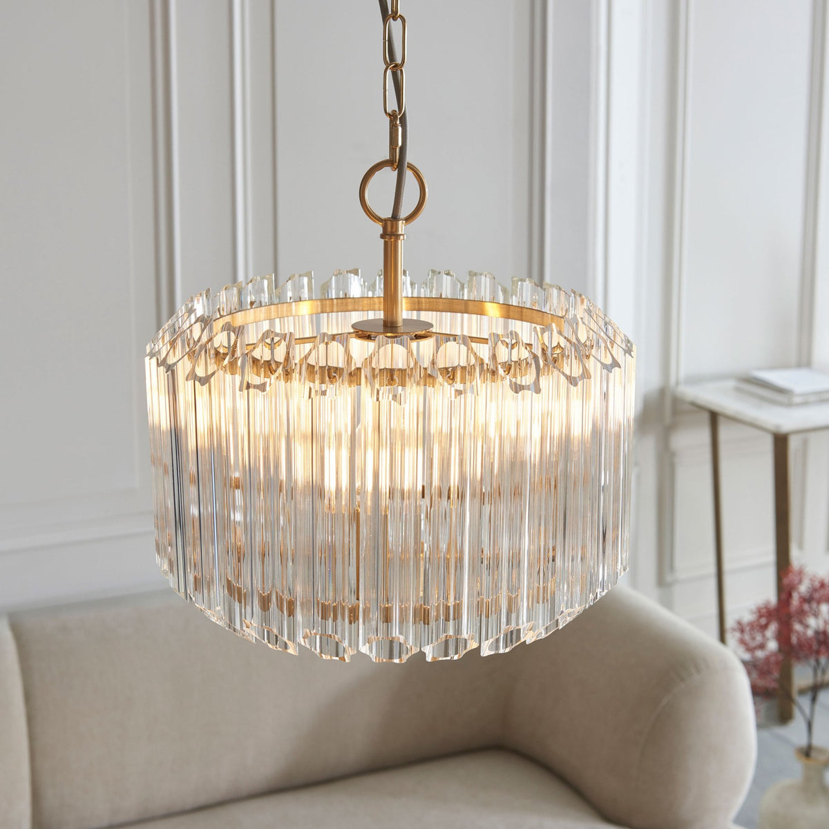 Valentina Three Lamp Pendant in Brushed Aged Brass with Clear Cut Hexagonal Glass Rods