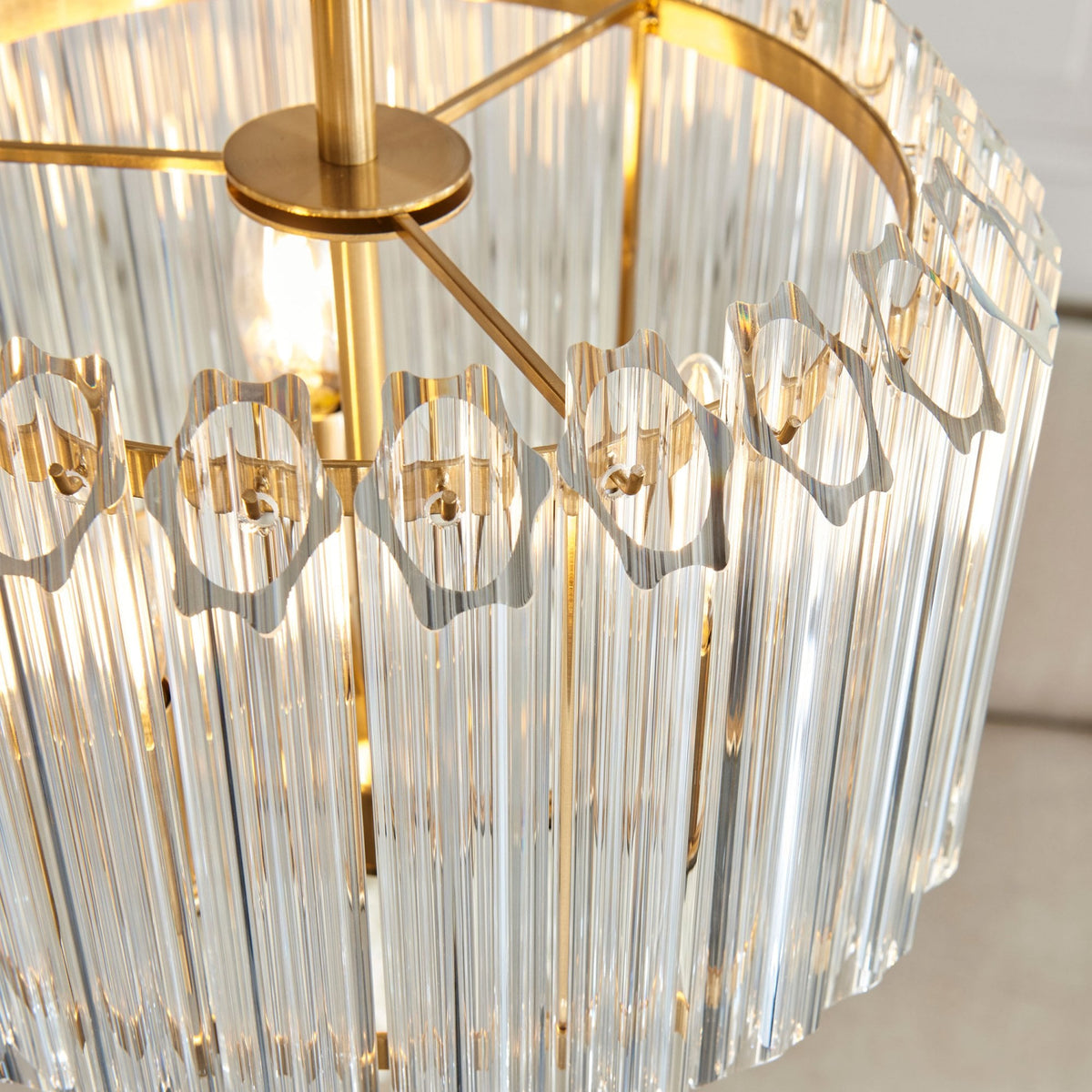 Valentina Three Lamp Pendant in Brushed Aged Brass with Clear Cut Hexagonal Glass Rods