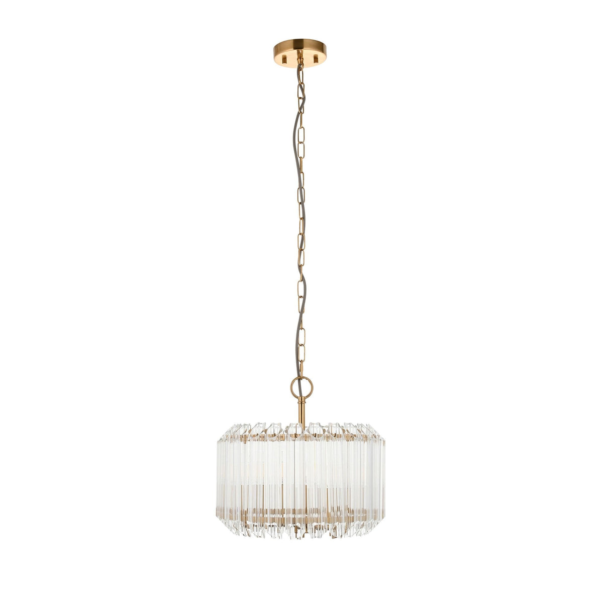 Valentina Three Lamp Pendant in Brushed Aged Brass with Clear Cut Hexagonal Glass Rods