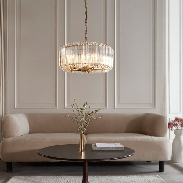 Valentina Five Lamp Pendant in Brushed Aged Brass with Clear Cut Hexagonal Glass Rods