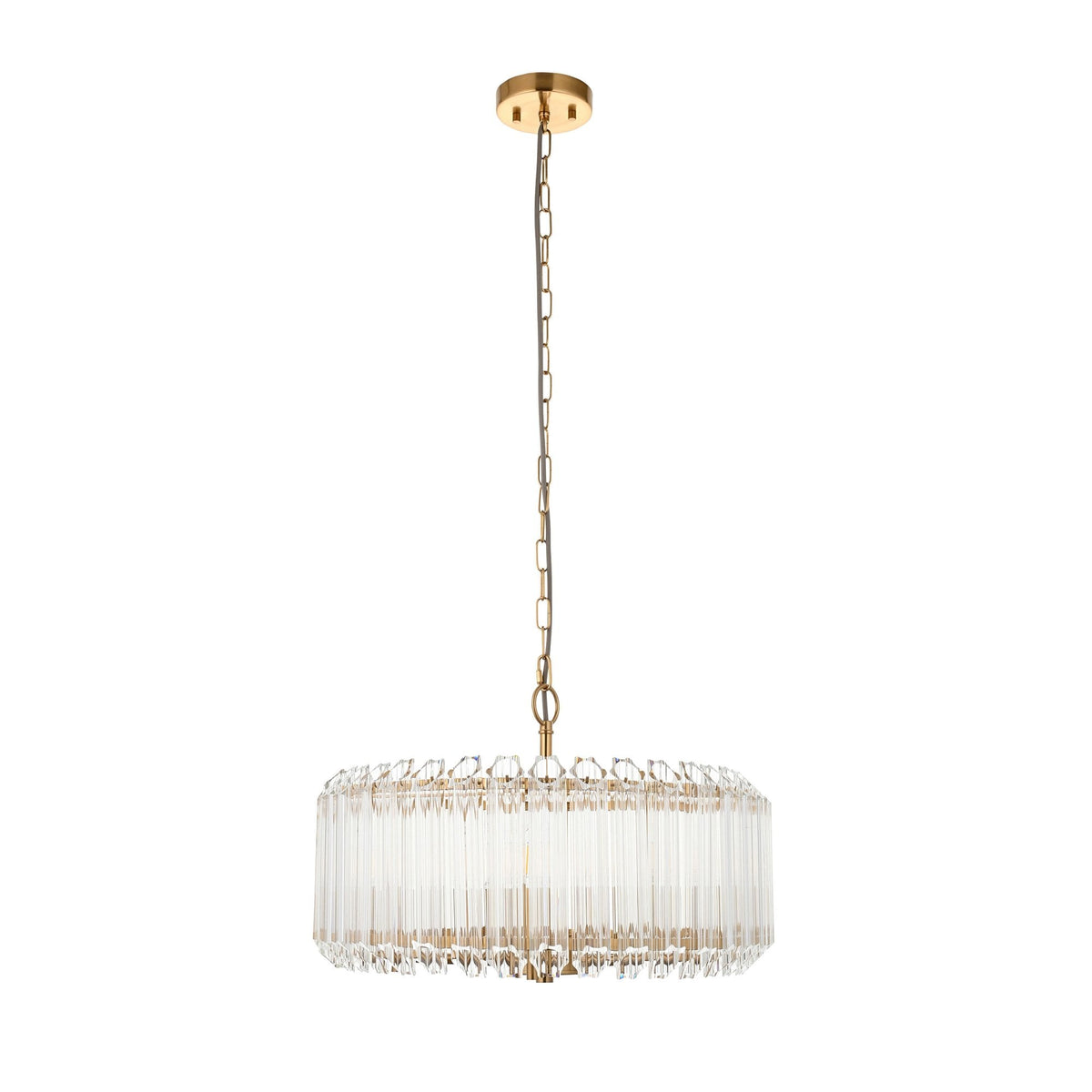 A golden chandelier with clear glass rods hangs against a pure white background.