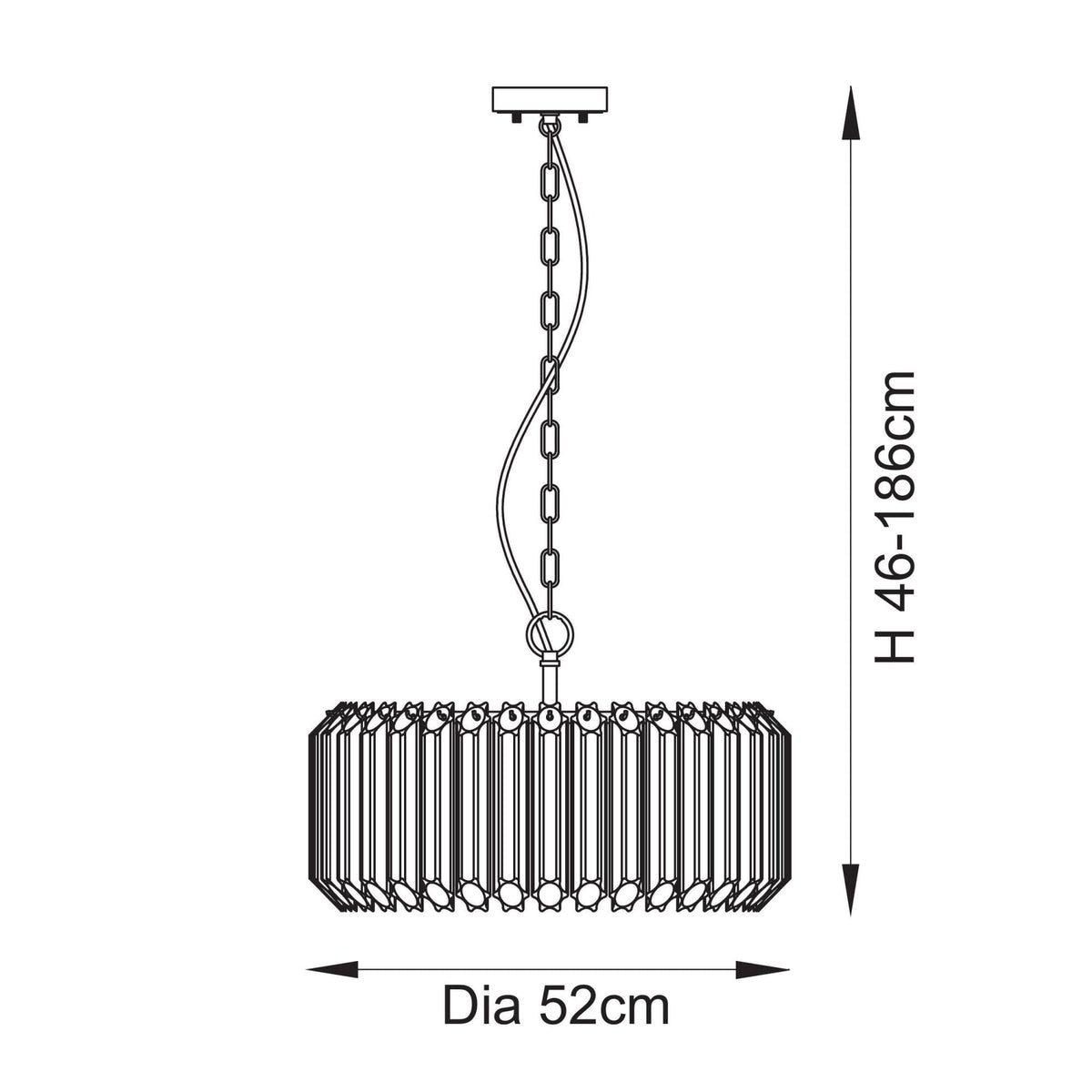 A line drawing of the chandelier with its dimensions: 52cm diameter and adjustable height from 46-186cm.
