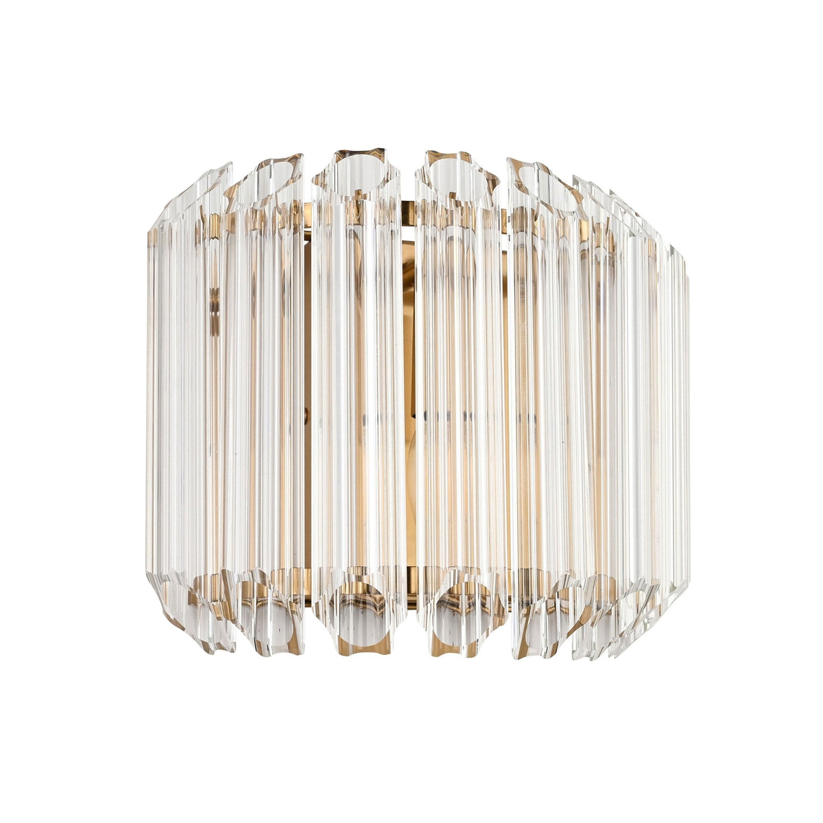 A modern wall sconce showcasing a cylindrical design with vertical crystal elements, unlit against a white background.