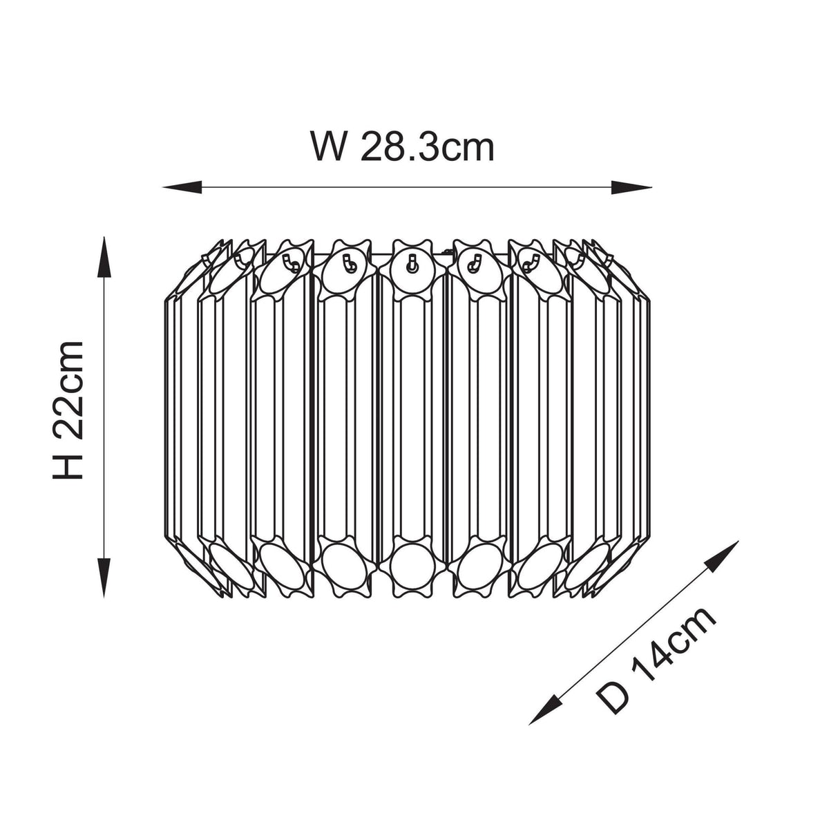 A line drawing of the wall sconce, detailing its dimensions: 28.3cm width, 22cm height, and 14cm depth.