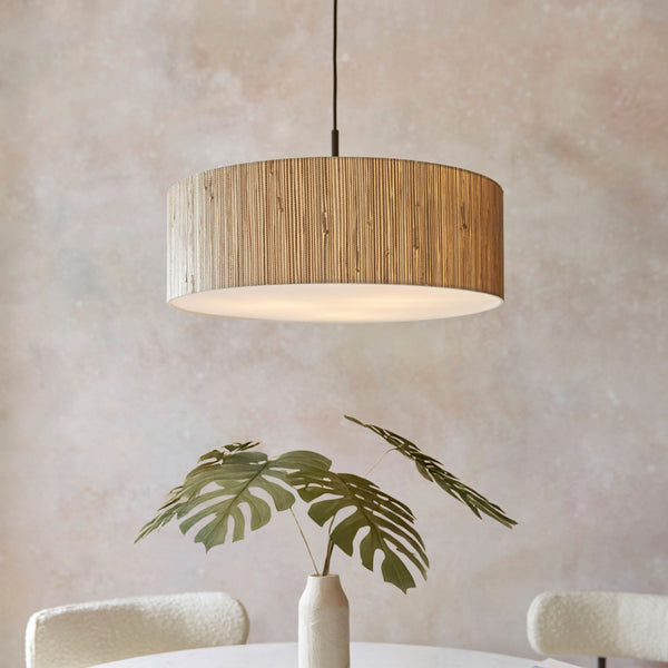 Longshore Three Lamp Pendant with Natural Seagrass Drum Shade