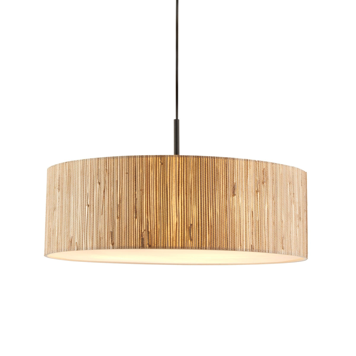 A close-up view of the drum-shaped pendant light, highlighting the vertical slats of natural wood.