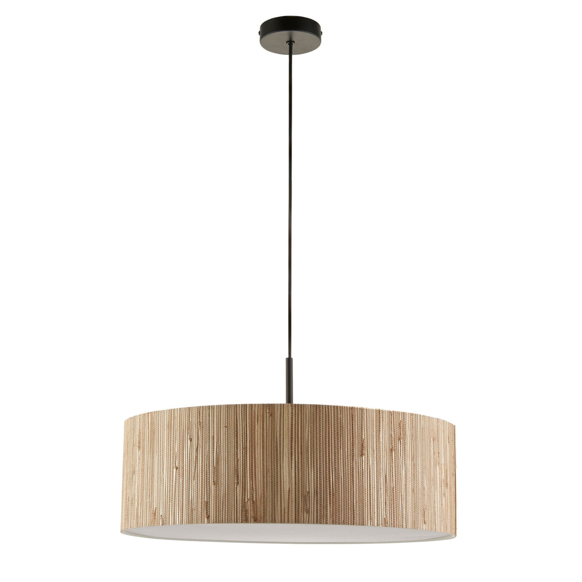A full view of the pendant light, showcasing its drum-shaped wood slatted shade and black suspension cord.