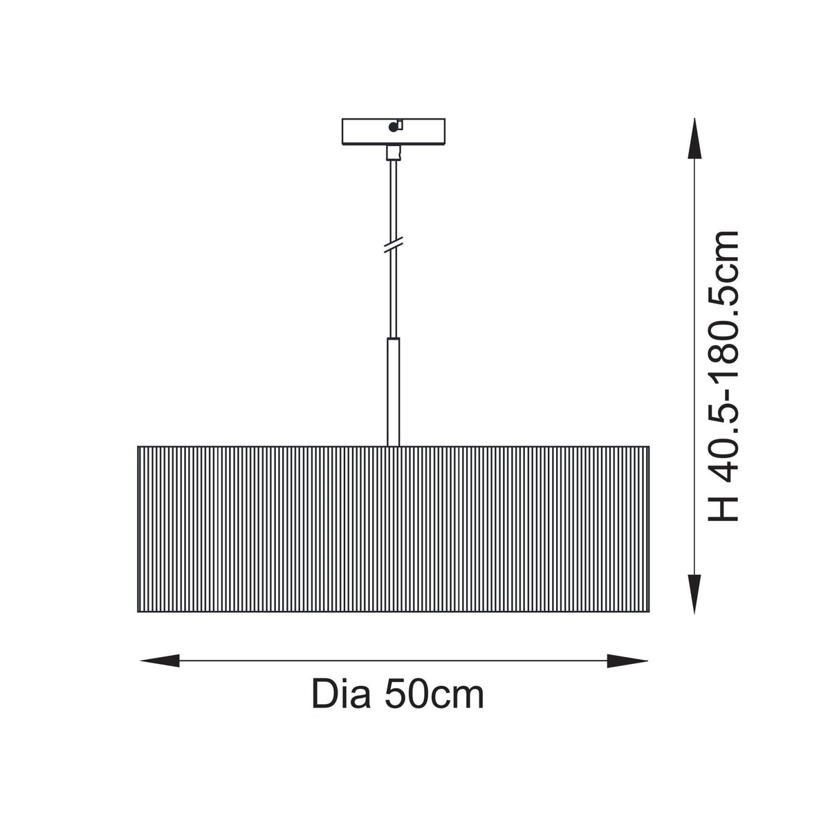 A diagram illustrating the dimensions of the pendant light, showing a diameter of 50cm and adjustable height.