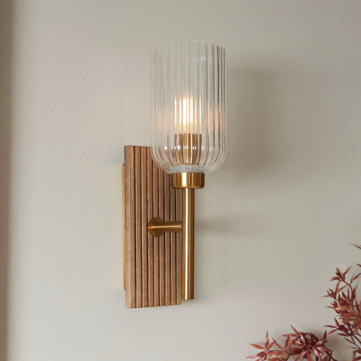 Grove Wall Light in Vintage Brass & Grooved Stained Beechwood Backplate with Clear Ribbed Glass