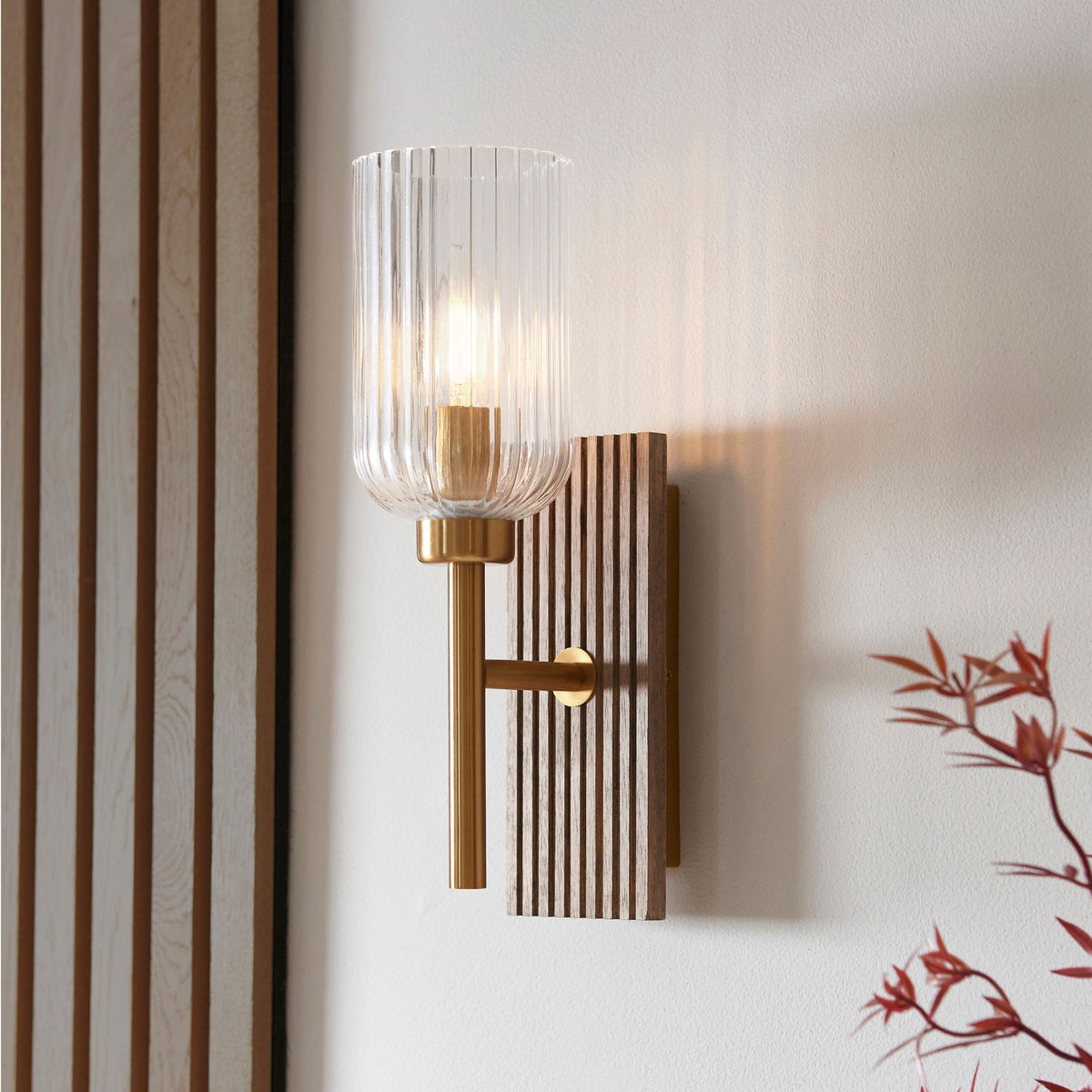 Grove Wall Light in Vintage Brass & Grooved Stained Beechwood Backplate with Clear Ribbed Glass
