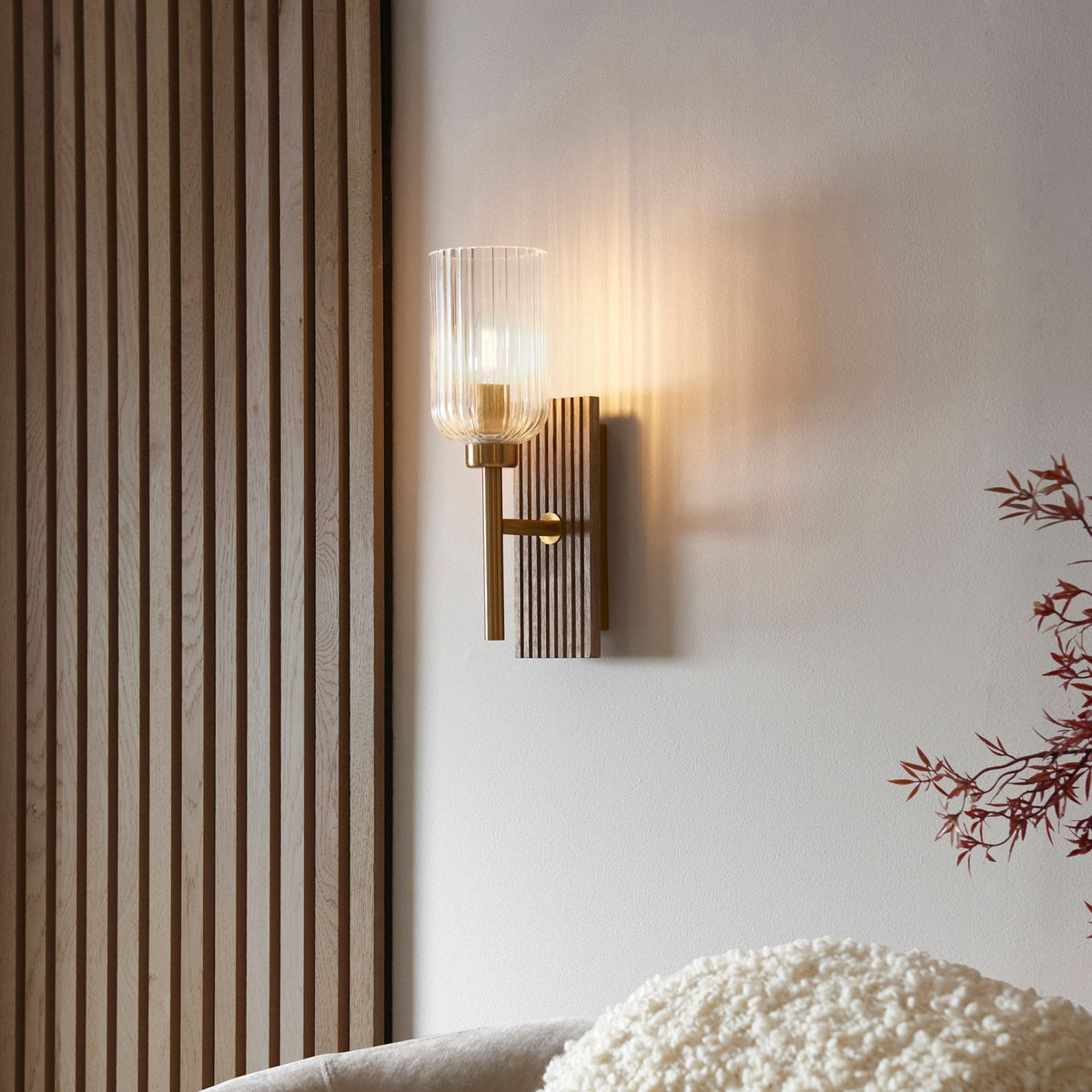 Grove Wall Light in Vintage Brass & Grooved Stained Beechwood Backplate with Clear Ribbed Glass
