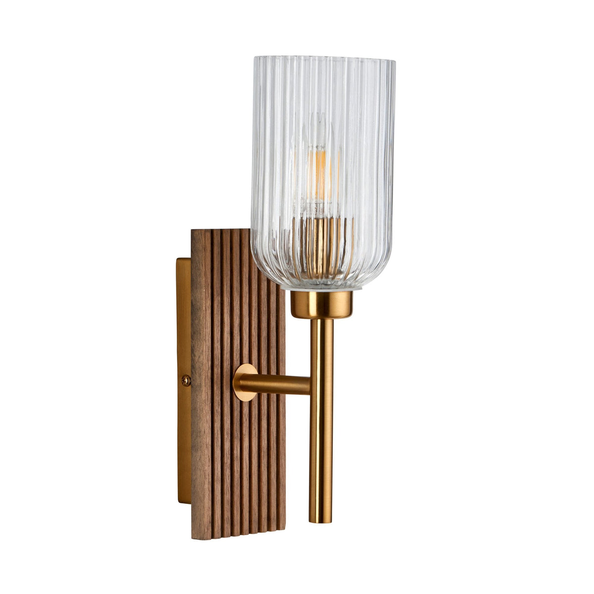 Grove Wall Light in Vintage Brass & Grooved Stained Beechwood Backplate with Clear Ribbed Glass