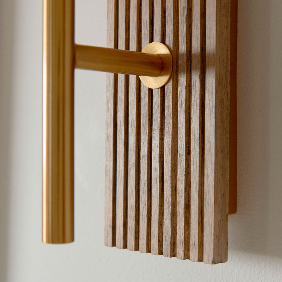 Grove Wall Light in Vintage Brass & Grooved Stained Beechwood Backplate with Clear Ribbed Glass