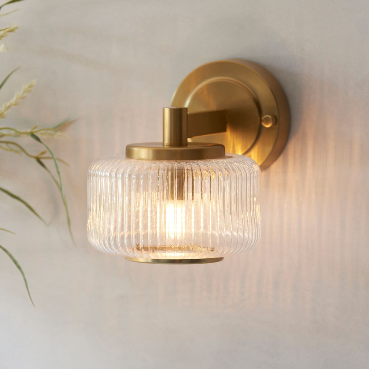 Stamford Wall Light in Brushed Aged Brass & Clear Ribbed Glass Shade with Plated Metal Trim
