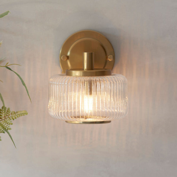 Stamford Wall Light in Brushed Aged Brass & Clear Ribbed Glass Shade with Plated Metal Trim