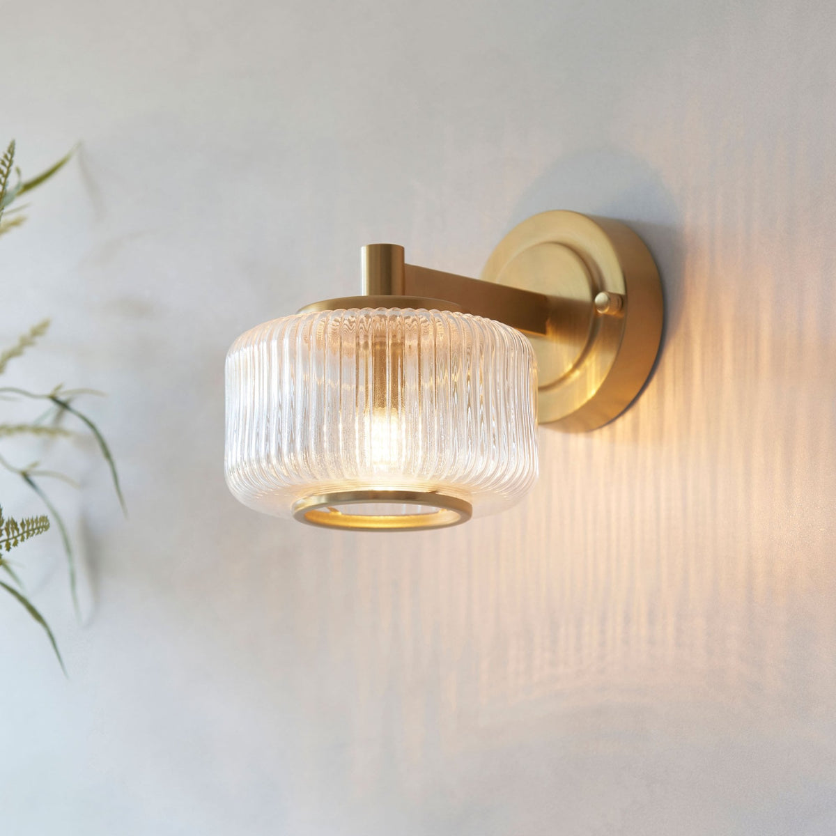 Stamford Wall Light in Brushed Aged Brass & Clear Ribbed Glass Shade with Plated Metal Trim