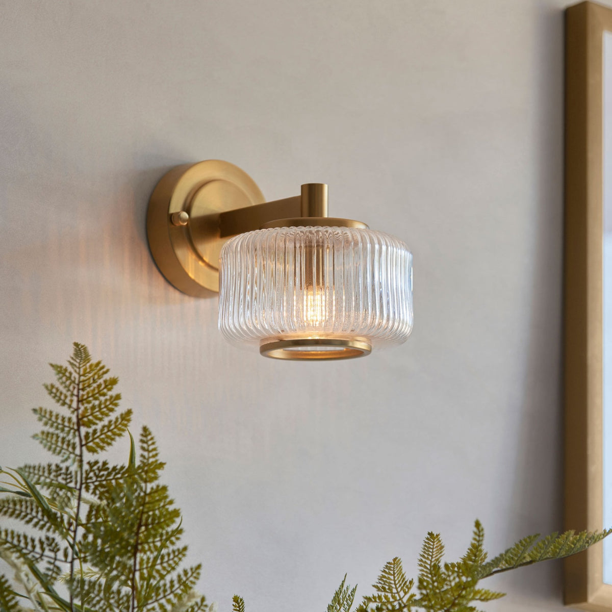 Stamford Wall Light in Brushed Aged Brass & Clear Ribbed Glass Shade with Plated Metal Trim