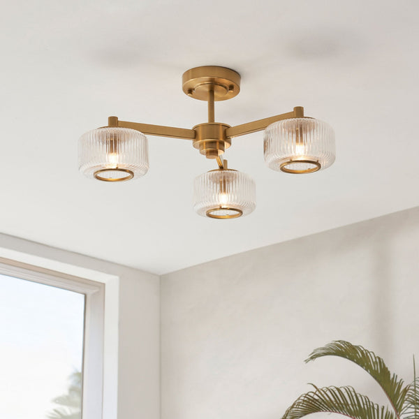 Stamford Three Arm Semi Flush Ceiling Light in Brushed Aged Brass & Clear Ribbed Glass Shade with Plated Metal Trim
