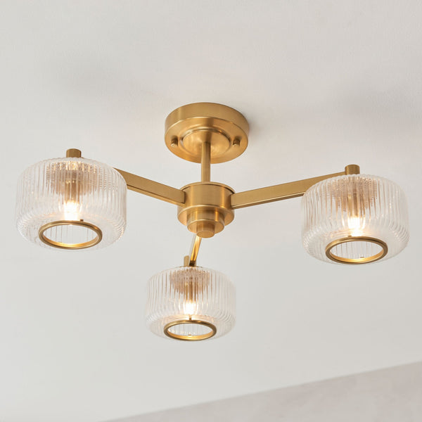 Stamford Three Arm Semi Flush Ceiling Light in Brushed Aged Brass & Clear Ribbed Glass Shade with Plated Metal Trim