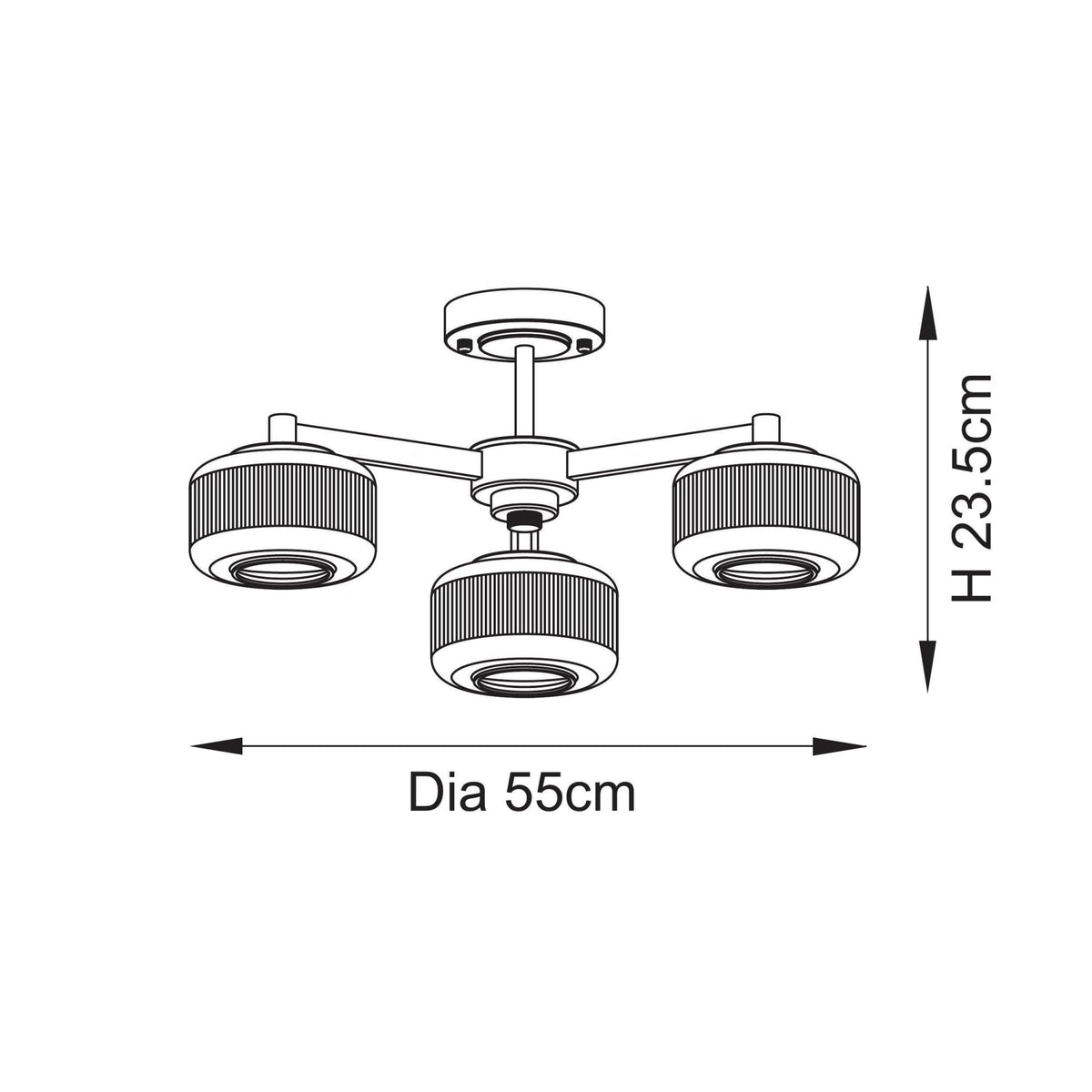Un schéma linéaire d'un plafonnier à trois bras indiquant un diamètre de 55 cm et une hauteur de 23,5 cm.