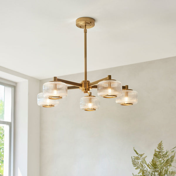 Stamford Five Light Pendant in Brushed Aged Brass & Clear Ribbed Glass Shade with Plated Metal Trim