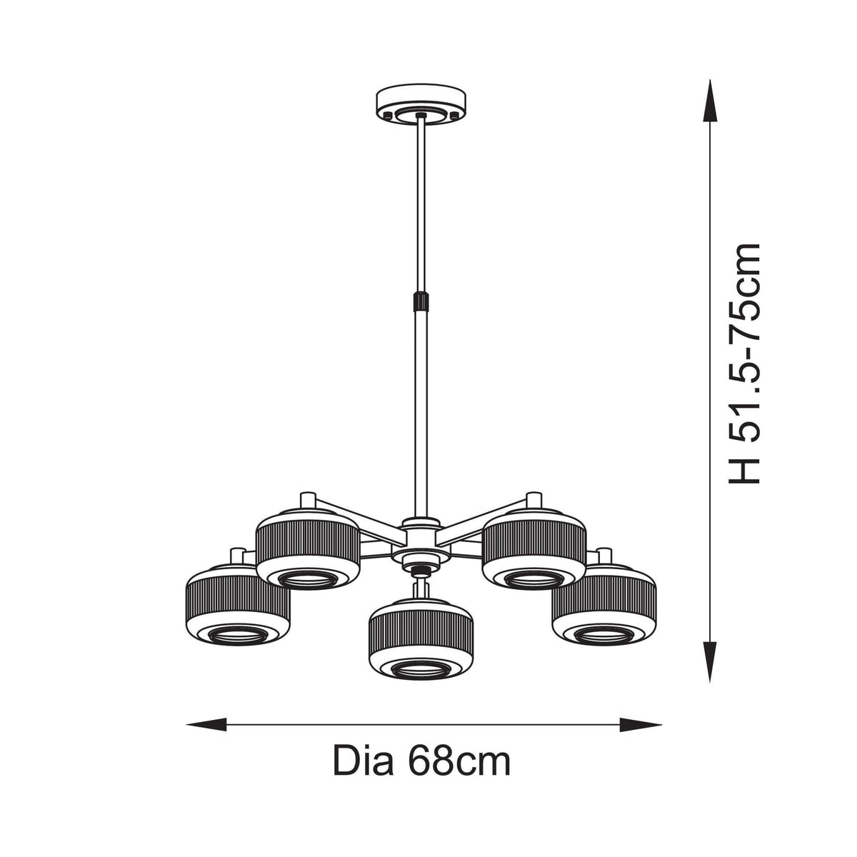 Un diagrama de las dimensiones del candelabro, mostrando una altura de 51,5-75 cm y un diámetro de 68 cm.