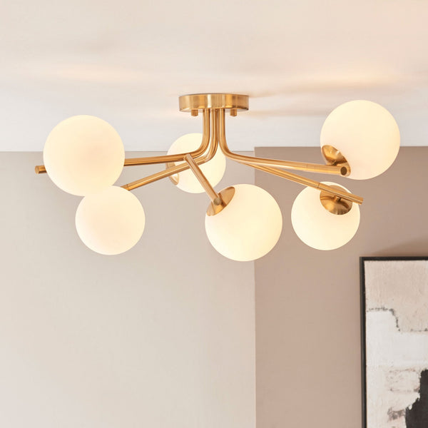Aaron Six Lamp Semi Flush Ceiling Light in Brushed Aged Brass & Matt Opal Duplex Glass Spheres