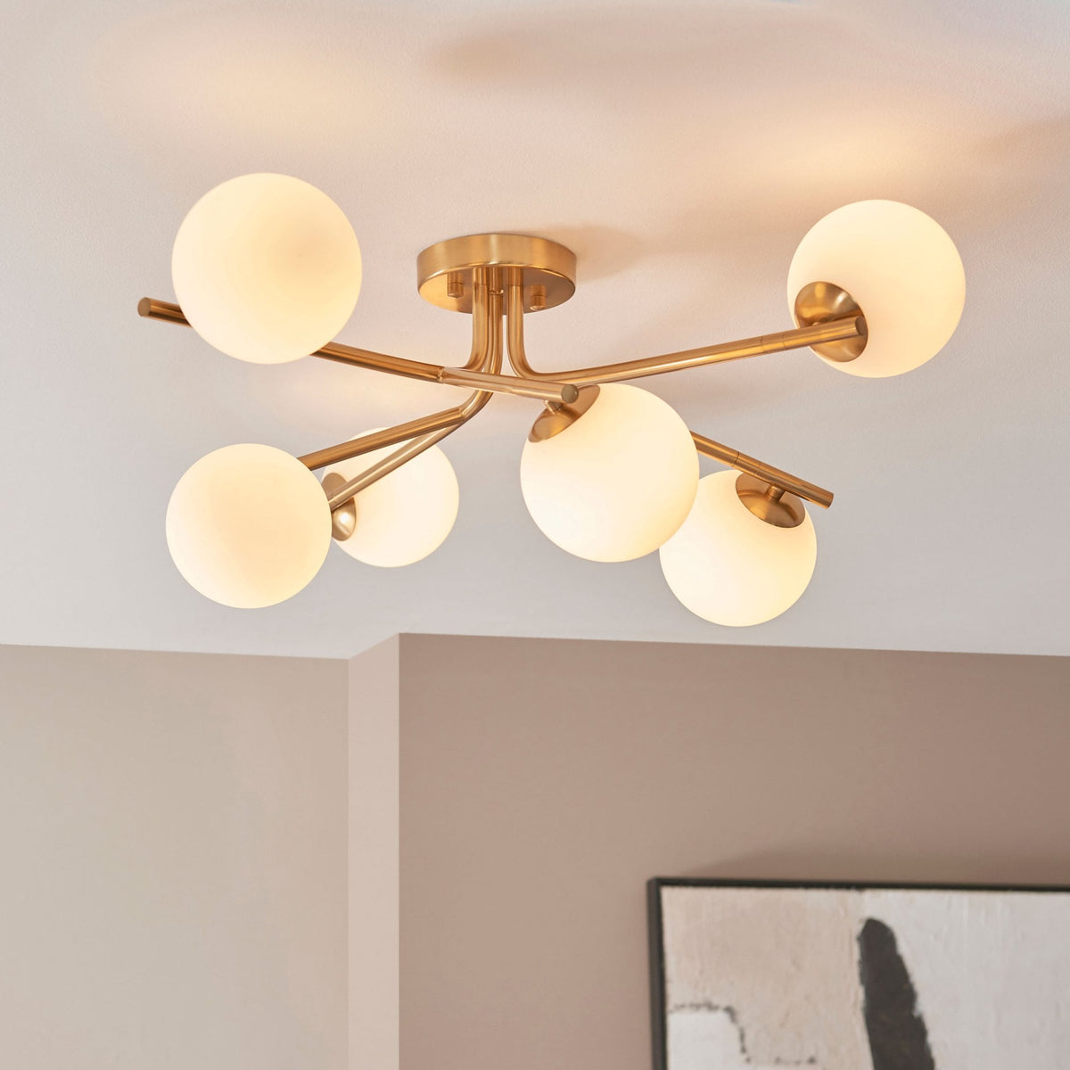 Aaron Six Lamp Semi Flush Ceiling Light in Brushed Aged Brass & Matt Opal Duplex Glass Spheres