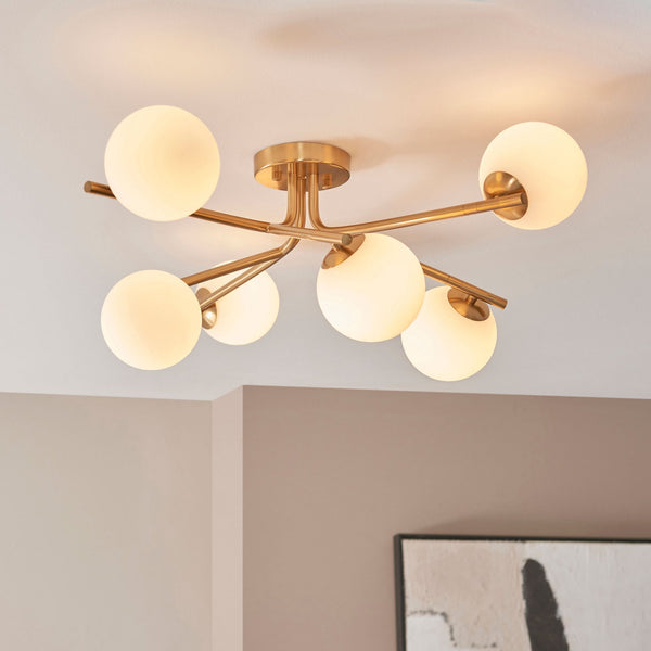 Aaron Six Lamp Semi Flush Ceiling Light in Brushed Aged Brass & Matt Opal Duplex Glass Spheres
