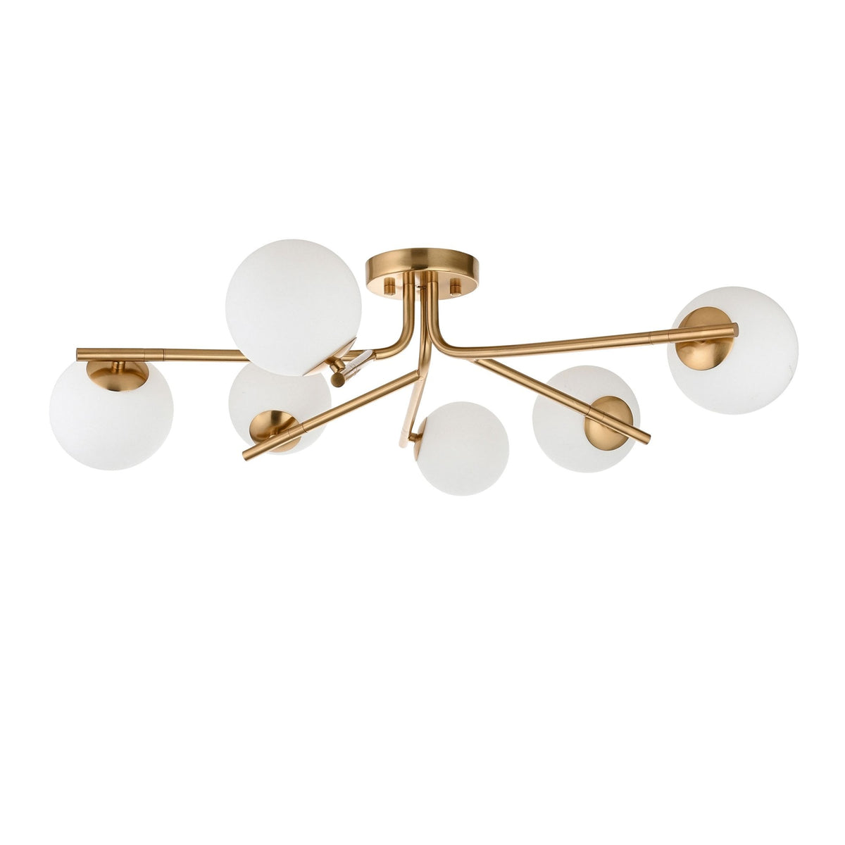 Aaron Six Lamp Semi Flush Ceiling Light in Brushed Aged Brass & Matt Opal Duplex Glass Spheres