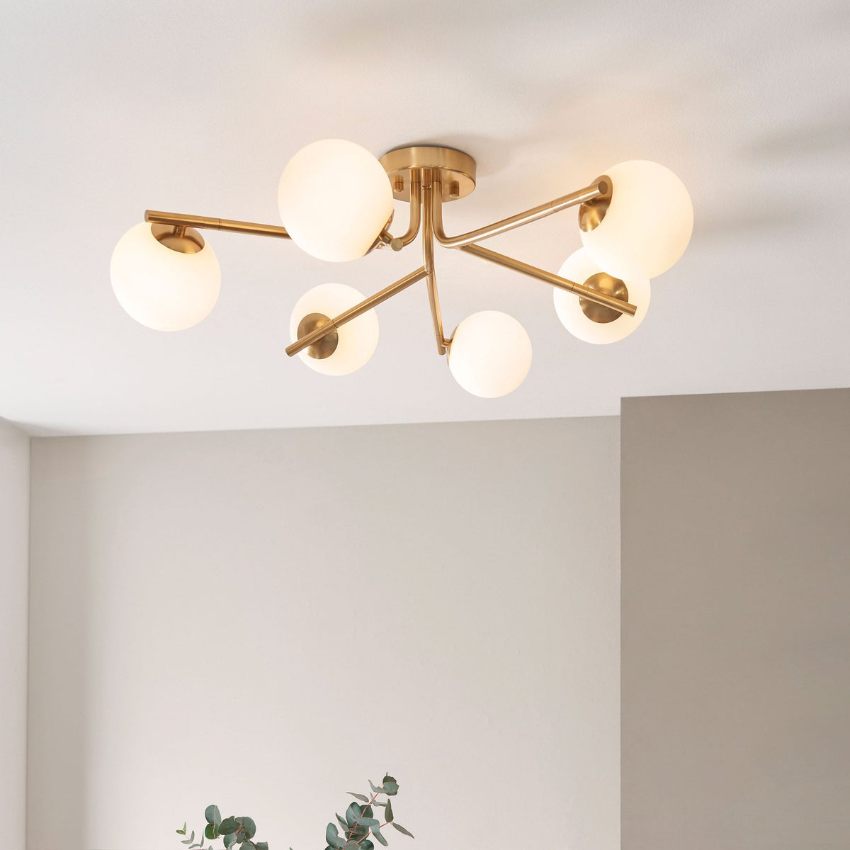 Aaron Six Lamp Semi Flush Ceiling Light in Brushed Aged Brass & Matt Opal Duplex Glass Spheres