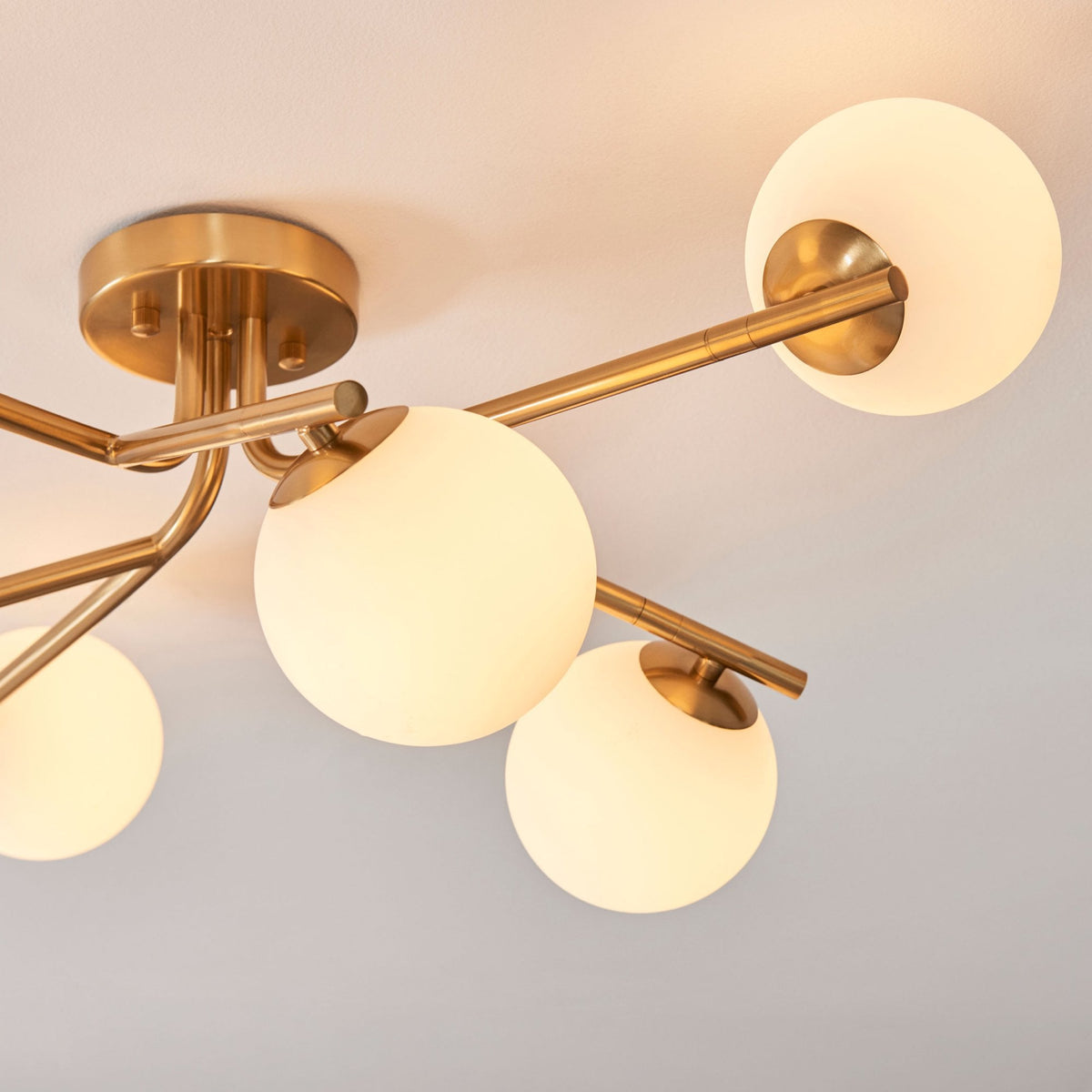 Aaron Six Lamp Semi Flush Ceiling Light in Brushed Aged Brass & Matt Opal Duplex Glass Spheres