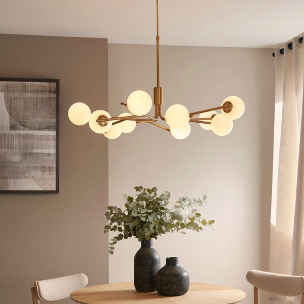 Aaron Ten Lamp Pendant in Brushed Aged Brass & Matt Opal Duplex Glass Spheres