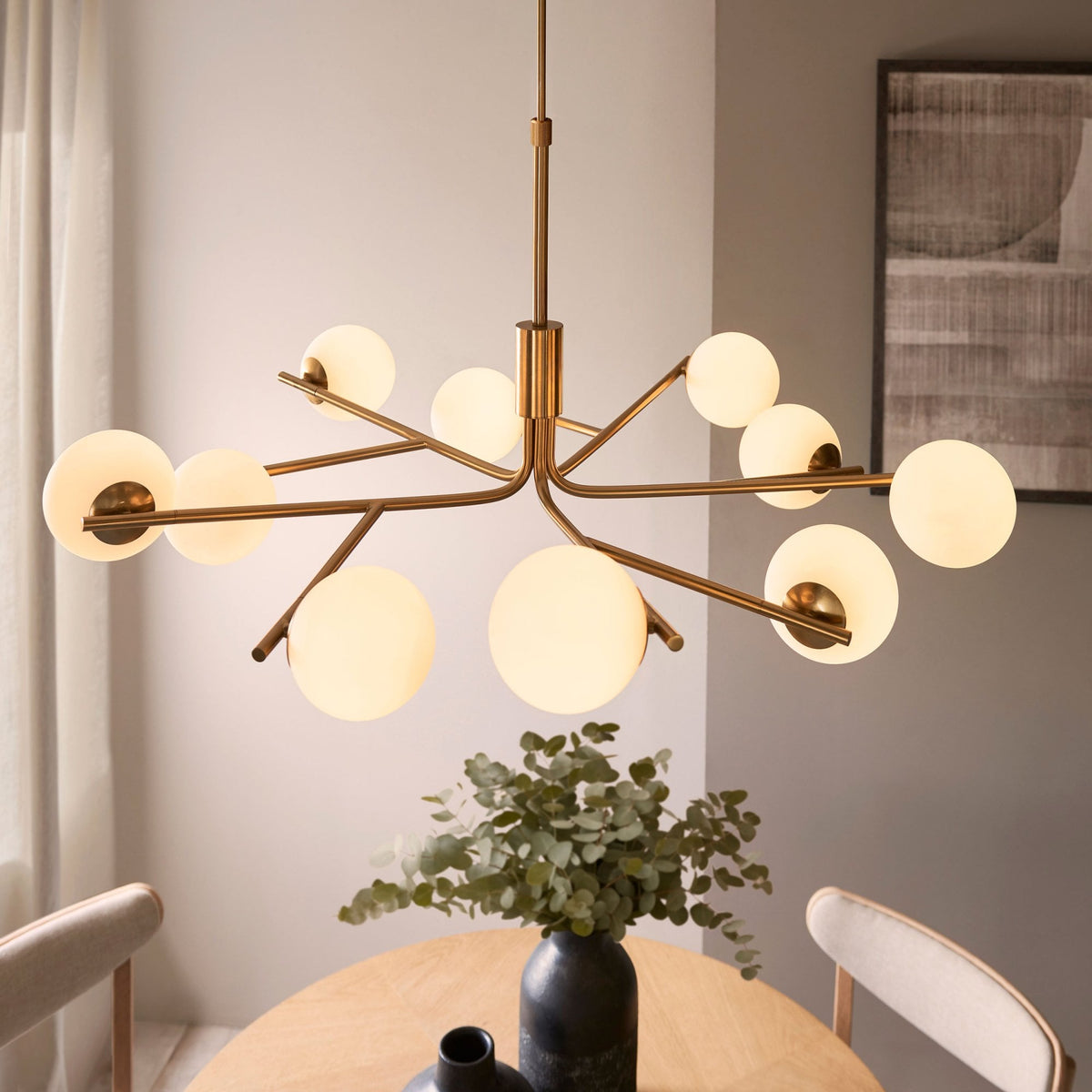 Aaron Ten Lamp Pendant in Brushed Aged Brass & Matt Opal Duplex Glass Spheres