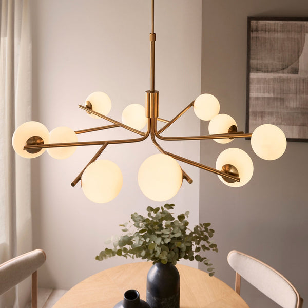 Aaron Ten Lamp Pendant in Brushed Aged Brass & Matt Opal Duplex Glass Spheres