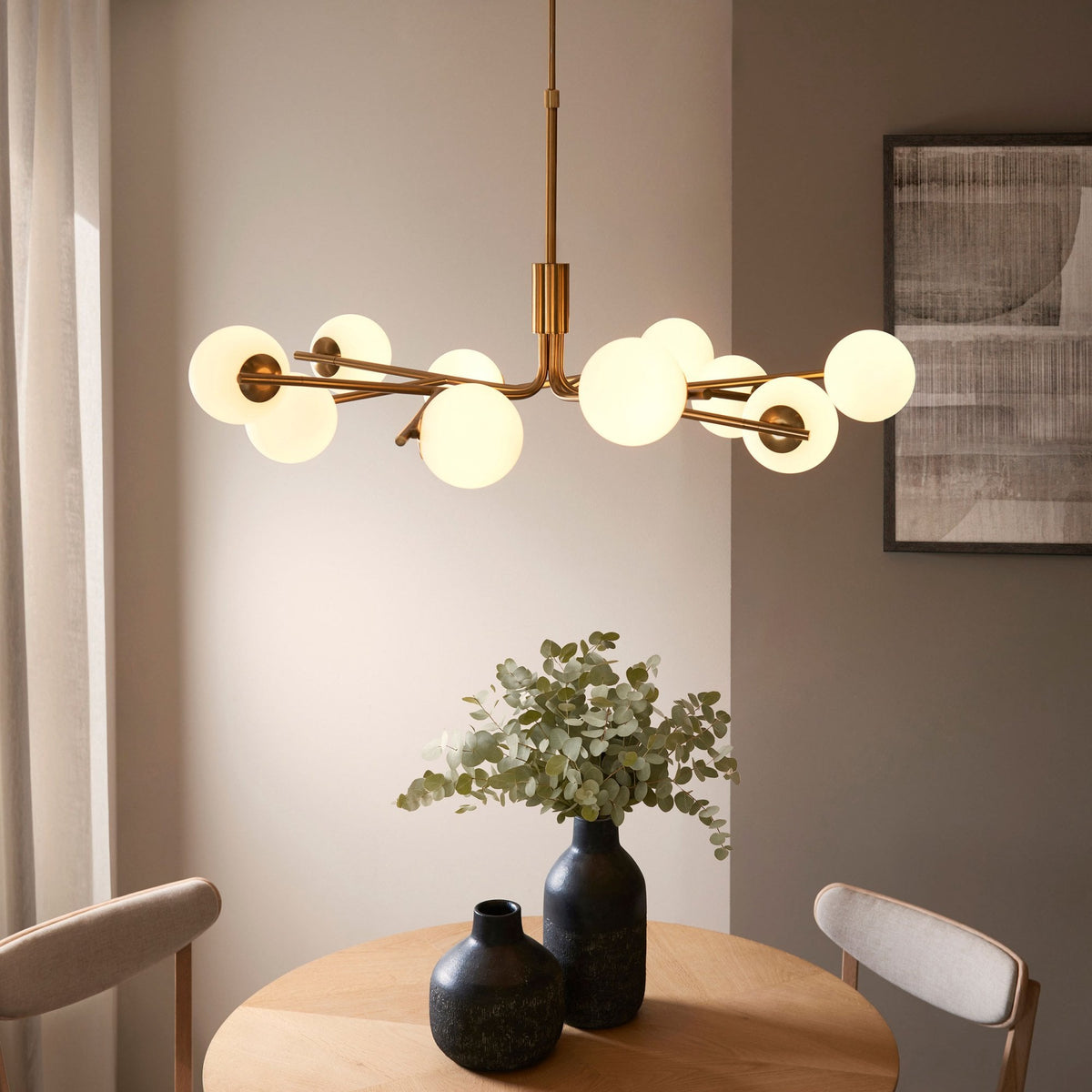 Aaron Ten Lamp Pendant in Brushed Aged Brass & Matt Opal Duplex Glass Spheres