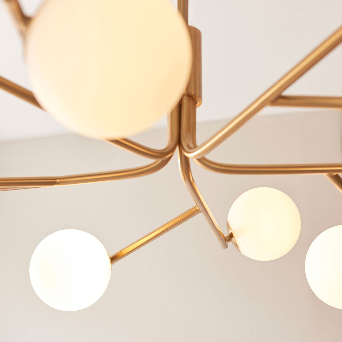 Aaron Ten Lamp Pendant in Brushed Aged Brass & Matt Opal Duplex Glass Spheres