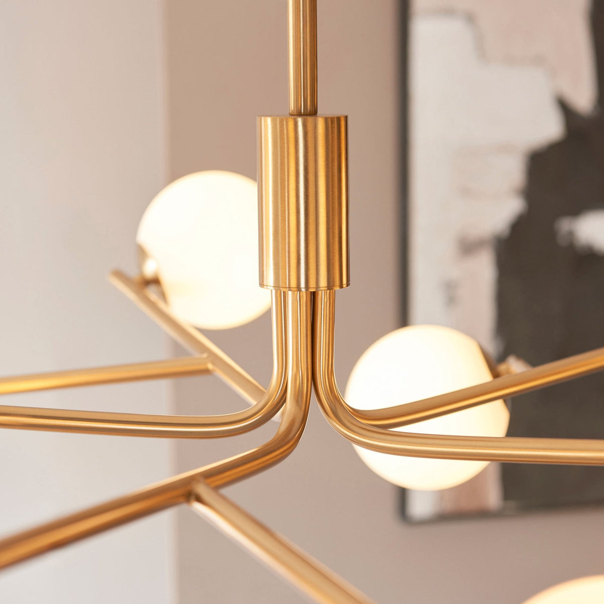 Aaron Ten Lamp Pendant in Brushed Aged Brass & Matt Opal Duplex Glass Spheres