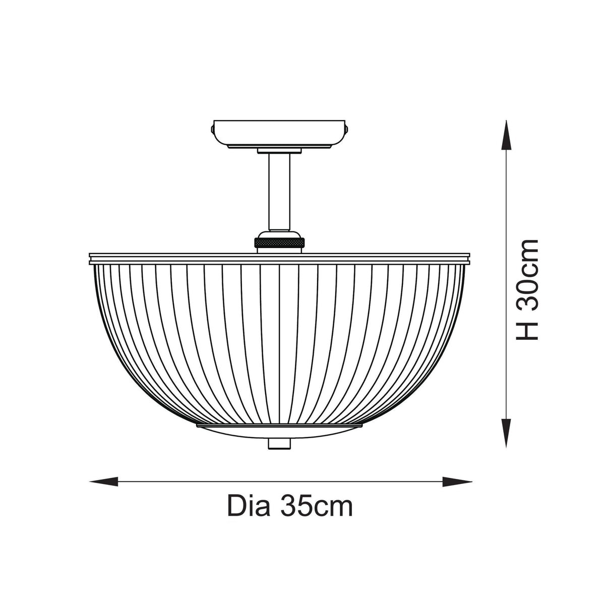A line drawing showcasing the dimensions of the semi-flush mount light: 30cm height, 35cm diameter.