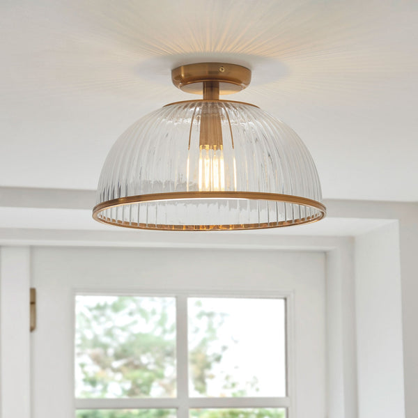 Somerset Downlight Flush Ceiling Light in Vintage Brass & Clear Ribbed Glass Shade
