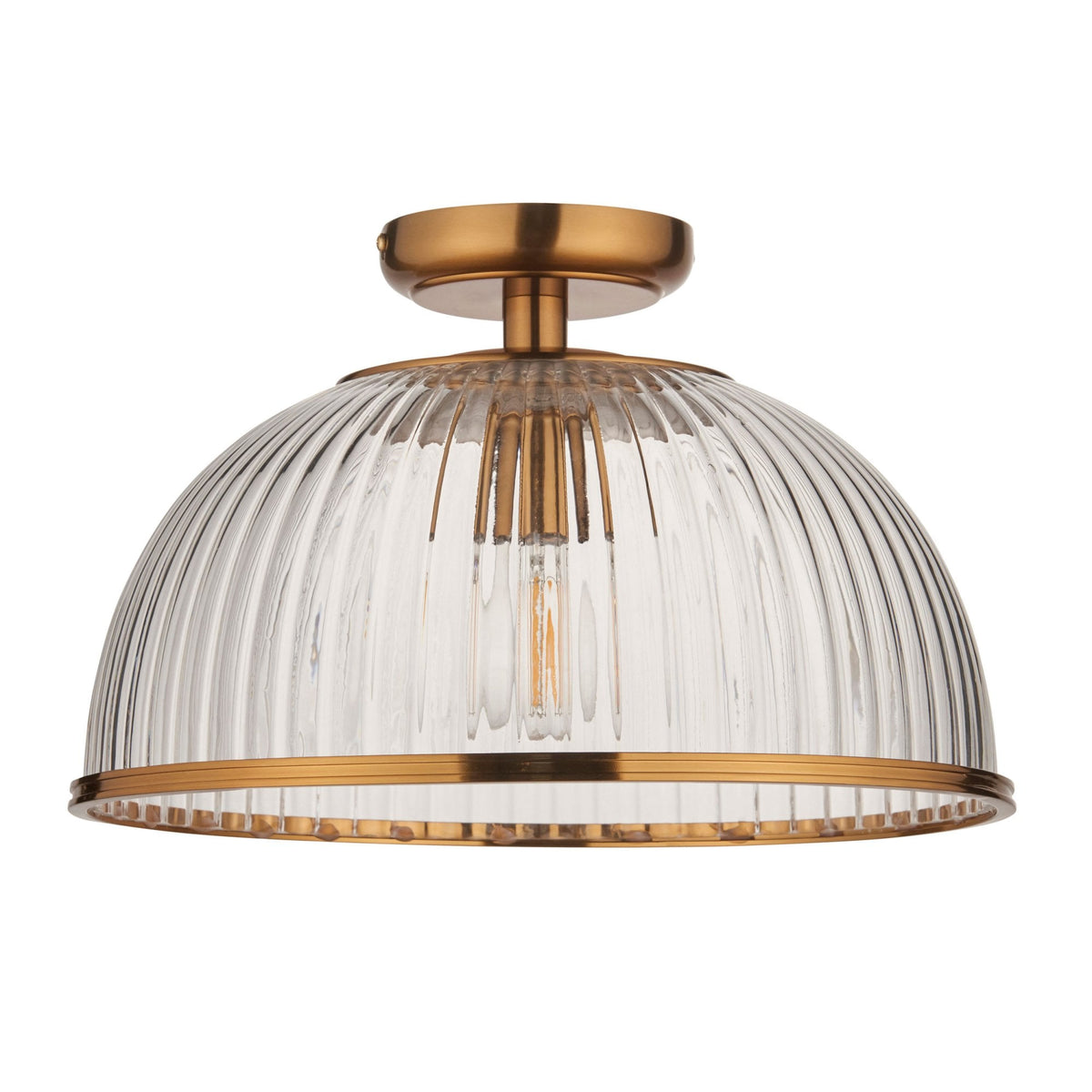 A clear, ribbed glass ceiling light with a brass base and trim, isolated on a white background.