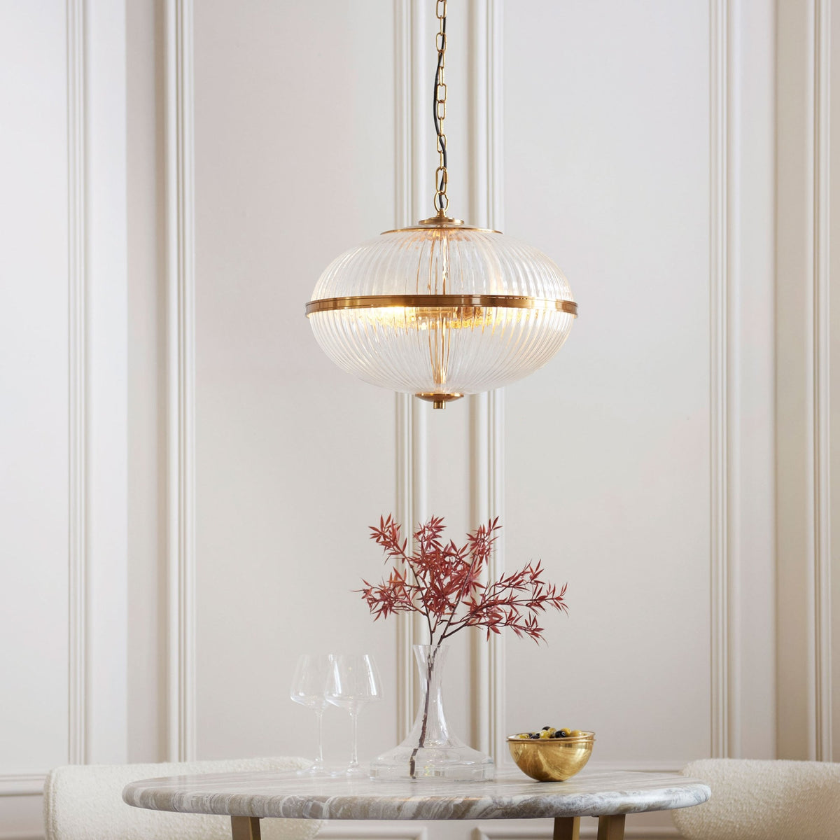 Somerset Three Light Pendant in Vintage Brass & Clear Ribbed Glass Shade