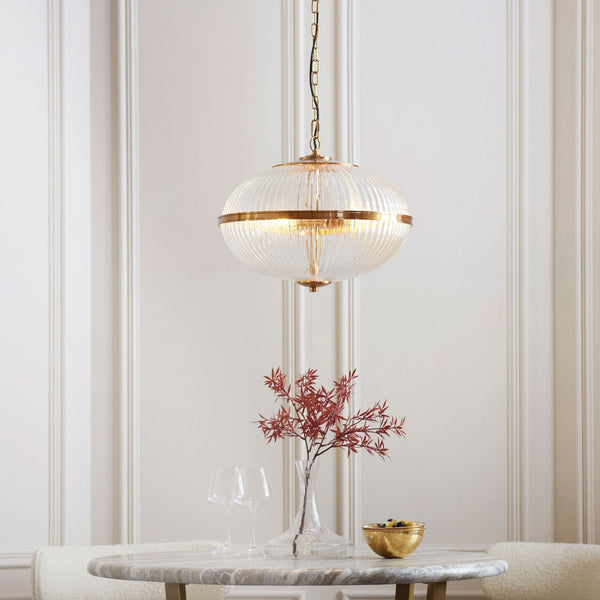 Somerset Three Light Pendant in Vintage Brass & Clear Ribbed Glass Shade