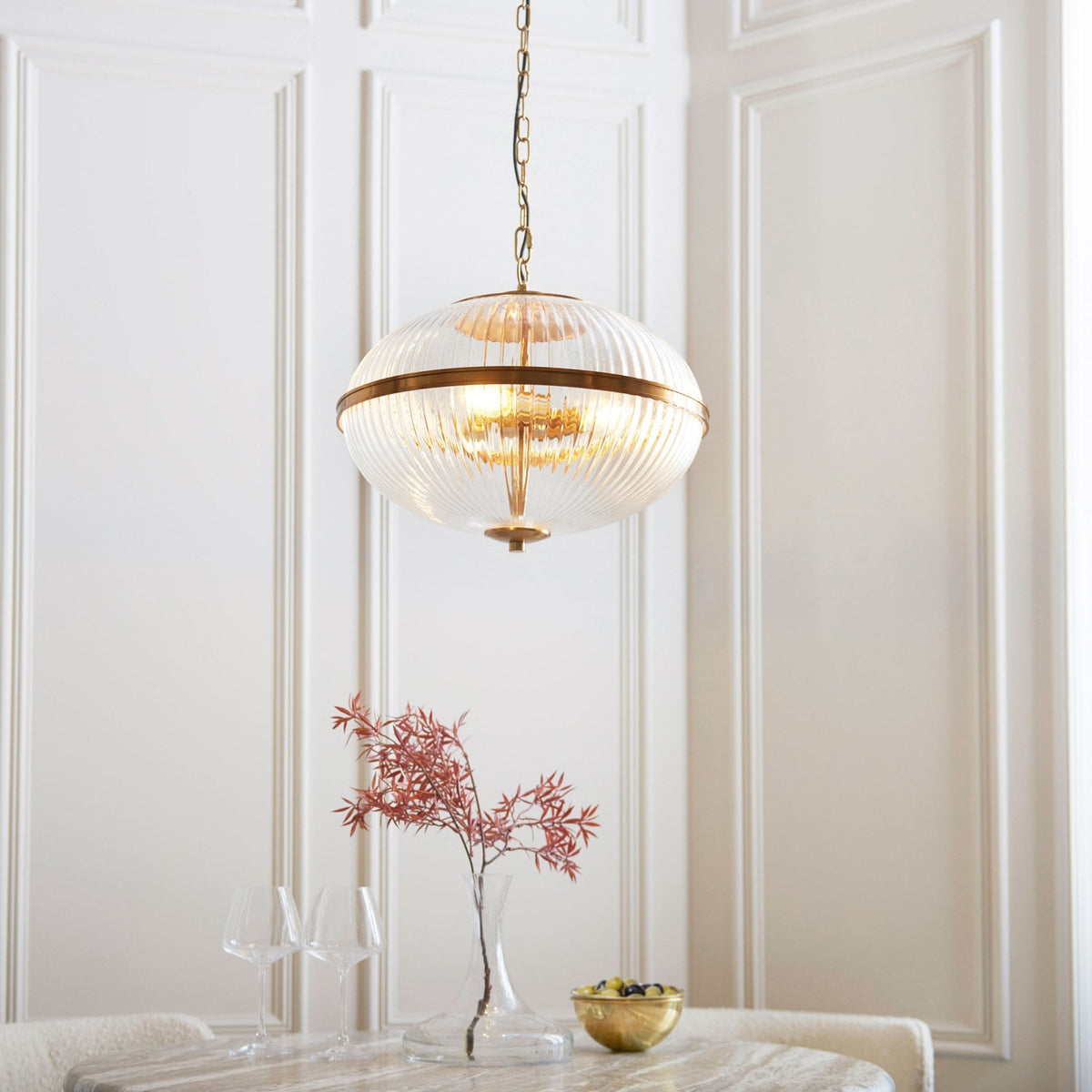 Somerset Three Light Pendant in Vintage Brass & Clear Ribbed Glass Shade